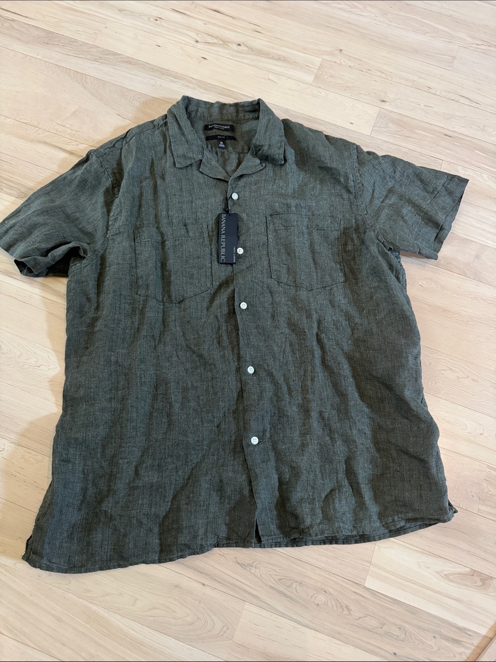 Banana Republic-100% SLIM-FIT S/S LINEN SHIRT-Olive Green-New-XL-Vacation